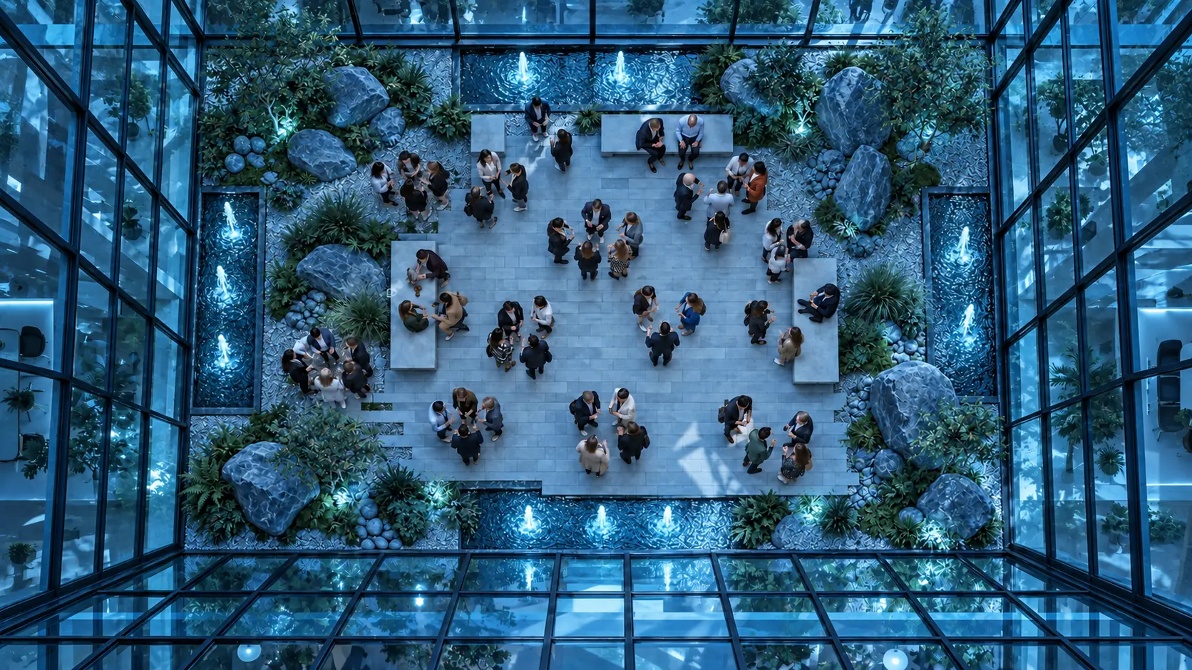 Overhead view of people talking in groups in a glass-walled garden atrium.