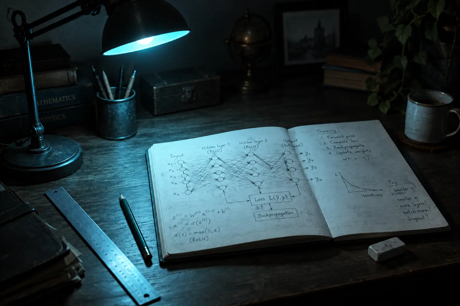 A notebook with a hand-drawn neural network diagram under a desk lamp.